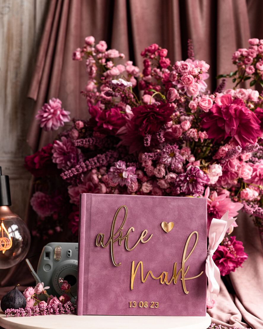 Księgi wpisów gości welurowe różowa księga wpisów gości ze złotymi napisami, elegancka pamiątkowa księga gości, księga na zdjęcia i życzenia od Gości weselnych, pamiatkowa ksiega gosci 8