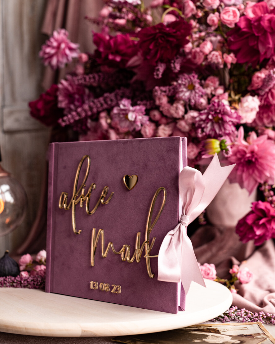 Księgi wpisów gości welurowe różowa księga wpisów gości ze złotymi napisami, elegancka pamiątkowa księga gości, księga na zdjęcia i życzenia od Gości weselnych, pamiatkowa ksiega gosci 6