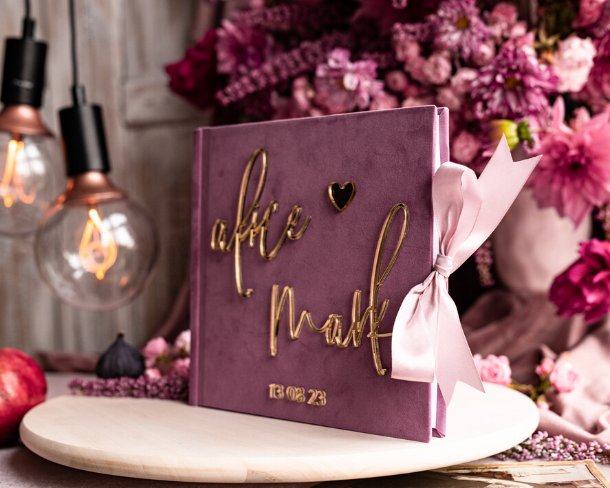Księgi wpisów gości welurowe różowa księga wpisów gości ze złotymi napisami, elegancka pamiątkowa księga gości, księga na zdjęcia i życzenia od Gości weselnych, pamiatkowa ksiega gosci 4