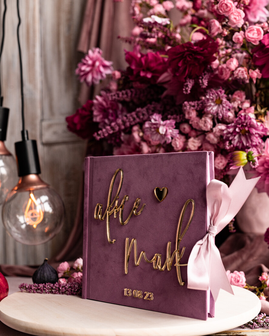 Księgi wpisów gości welurowe różowa księga wpisów gości ze złotymi napisami, elegancka pamiątkowa księga gości, księga na zdjęcia i życzenia od Gości weselnych, pamiatkowa ksiega gosci 2