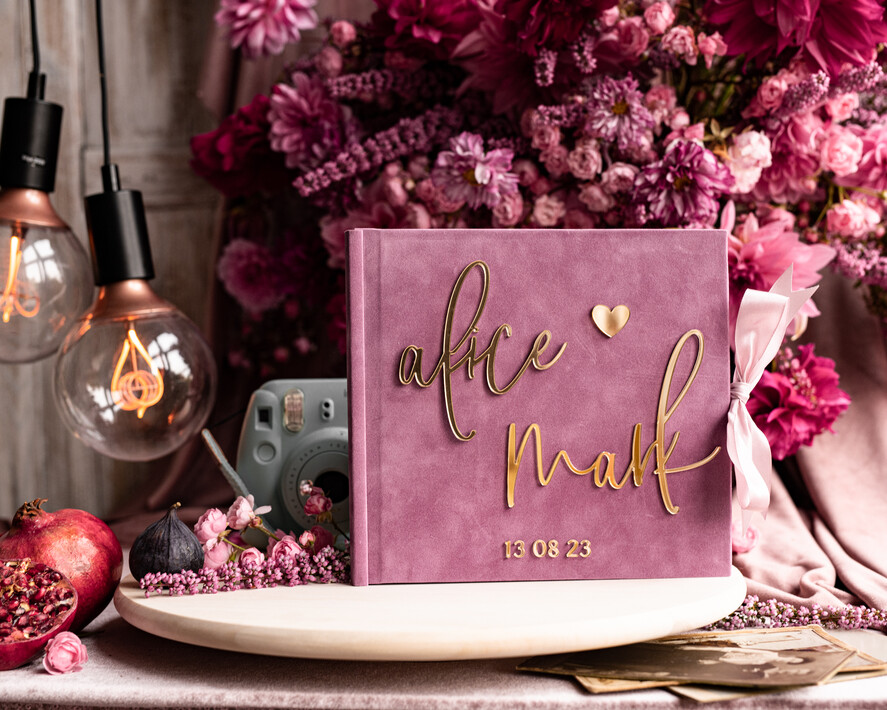 Księgi wpisów gości welurowe różowa księga wpisów gości ze złotymi napisami, elegancka pamiątkowa księga gości, księga na zdjęcia i życzenia od Gości weselnych, pamiatkowa ksiega gosci 23
