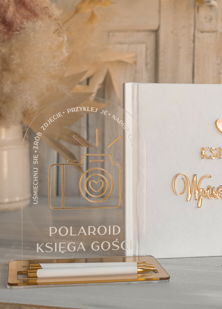 Księgi wpisów gości welurowe nstrukcja do Księgi Gości Polaroid plus długopis  Tabliczka Akrylowa dodatki ślubne instrukcja do księgi weselnej polaroid, pleksowa instrukcja0