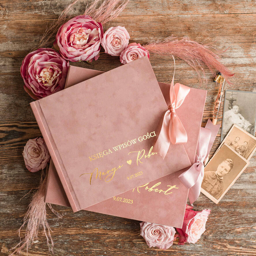 Księgi wpisów gości welurowe komplet księga i pudełko, album ślubny personalizowany i księga gości weselnych w jednym, na zdjęcia z fotobudki i zyczenia10