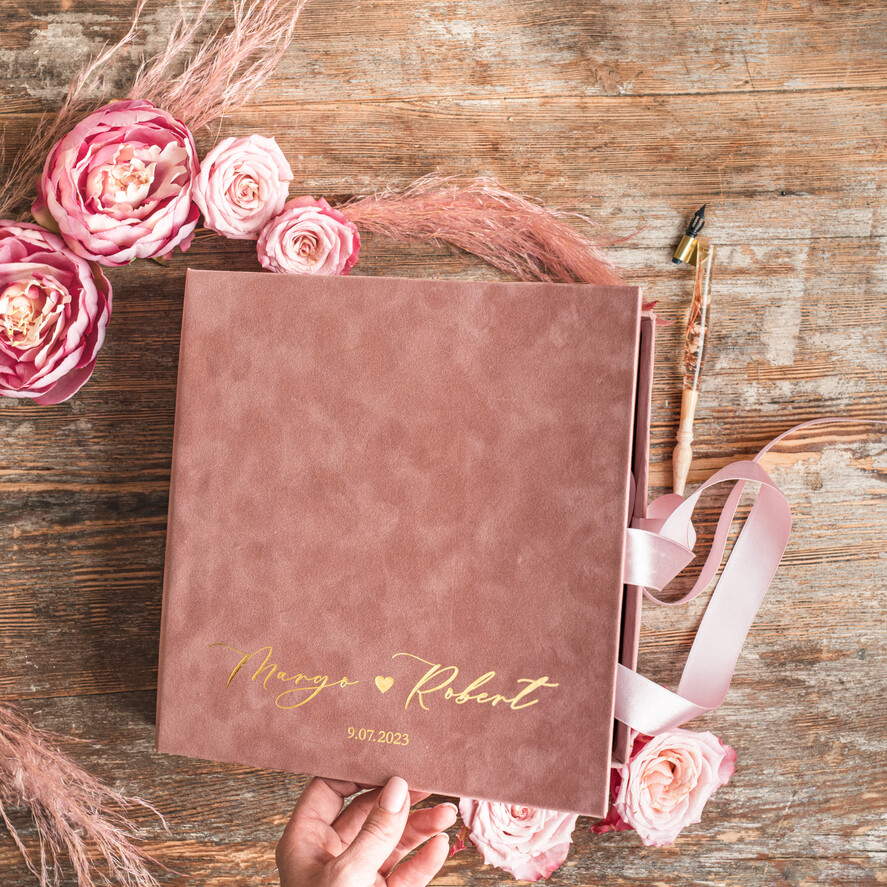 Księgi wpisów gości welurowe komplet księga i pudełko, album ślubny personalizowany i księga gości weselnych w jednym, na zdjęcia z fotobudki i zyczenia7