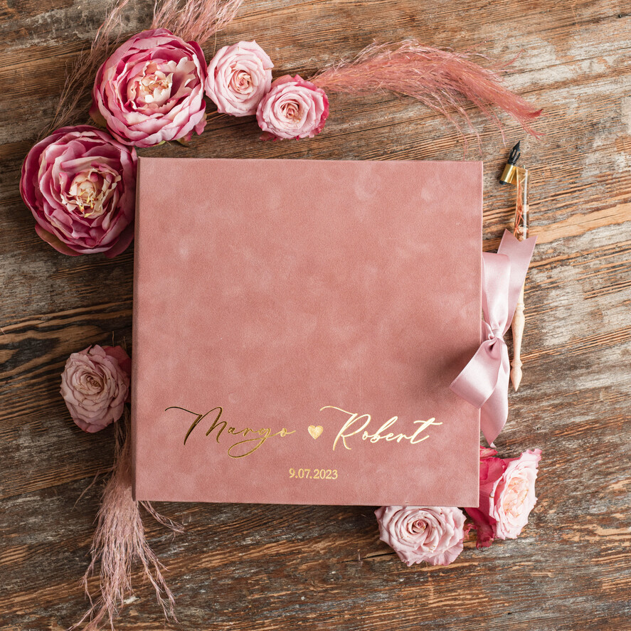 Księgi wpisów gości welurowe komplet księga i pudełko, album ślubny personalizowany i księga gości weselnych w jednym, na zdjęcia z fotobudki i zyczenia4