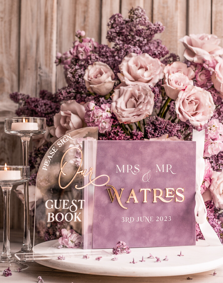 Księgi wpisów gości welurowe lawendowa elegancka księga gości i album na zdjęcia w jednym, lawendowy album na życzenia i zdjęcia z fotobudki, pamiątkowa welurowa księga wpisów gości 0
