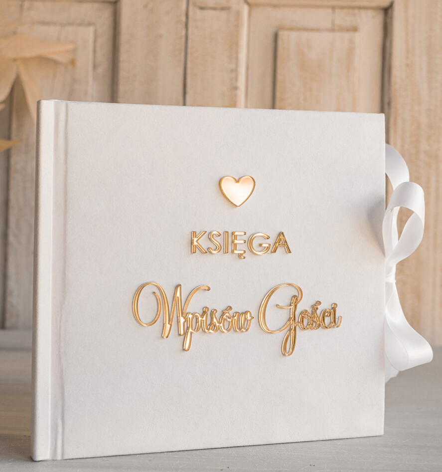 Księgi wpisów gości welurowe Szybka wysyłka księga wpisów gości, księga na życzenia zdjęcia polaroidy i fotobudki, welurowa księga wpisów gości biała ze złotymi napisami 1