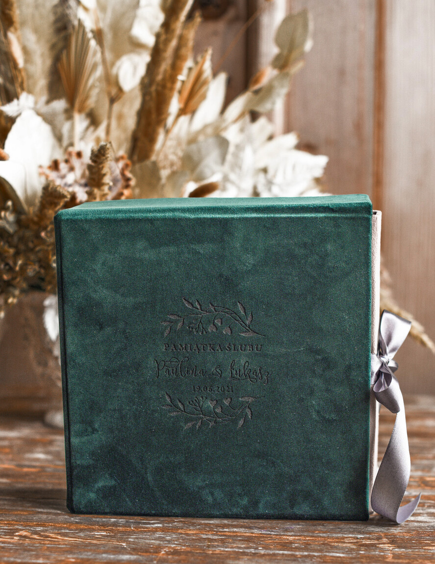 Księgi wpisów gości welurowe oryginalna księga gości na wesele, wybór koloru kartek, welurowa księga gości w pudełku, ciemnozielona welurowa księga 5