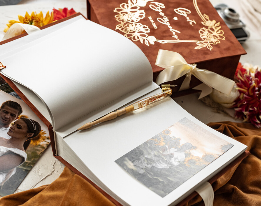 Księgi wpisów gości welurowe komplet księga i pudełko, album ślubny personalizowany i księga gości weselnych w jednym, na zdjęcia z fotobudki i zyczenia9