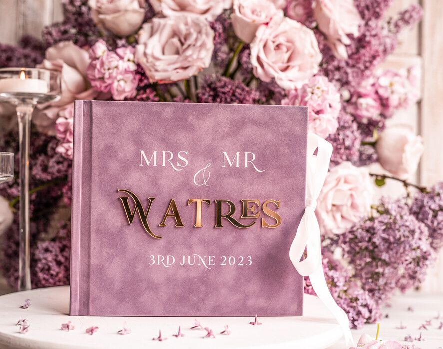 Księgi wpisów gości welurowe lawendowa elegancka księga gości i album na zdjęcia w jednym, lawendowy album na życzenia i zdjęcia z fotobudki, pamiątkowa welurowa księga wpisów gości 5