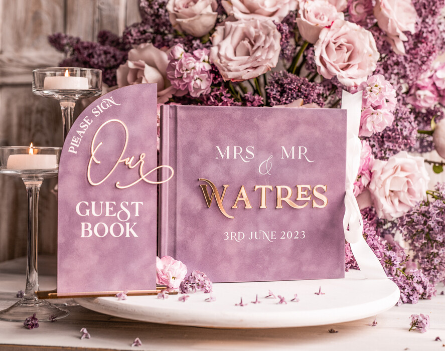 Księgi wpisów gości welurowe lawendowa elegancka księga gości i album na zdjęcia w jednym, lawendowy album na życzenia i zdjęcia z fotobudki, pamiątkowa welurowa księga wpisów gości 1