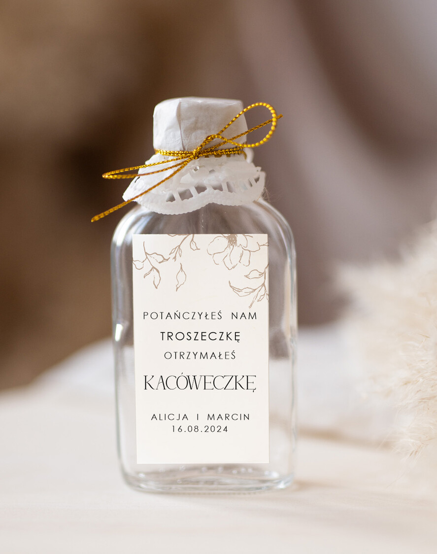Podziękowania dla Gości Weselnych Butelki podziękowania dla gości kacóweczka prezent dla gości weselnych, buteleczki 100 ml prezent dla gości, pomysł na prezenty dla gosci weselnyc0