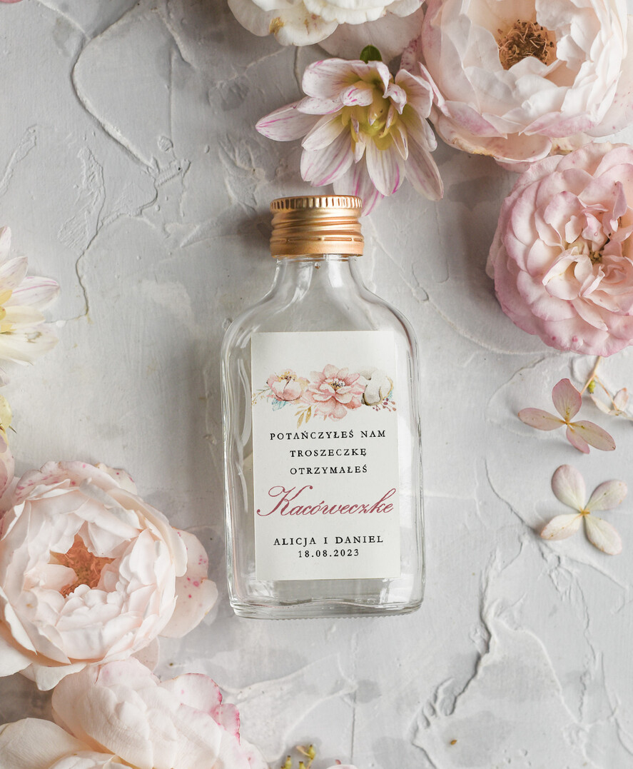 Podziękowania dla Gości Weselnych Butelki pomysłowe podziękowania dla gości, małe buteleczki na nalewkę, prezenty dla gości weselnych, butelka 100 ml na własny alkohol0