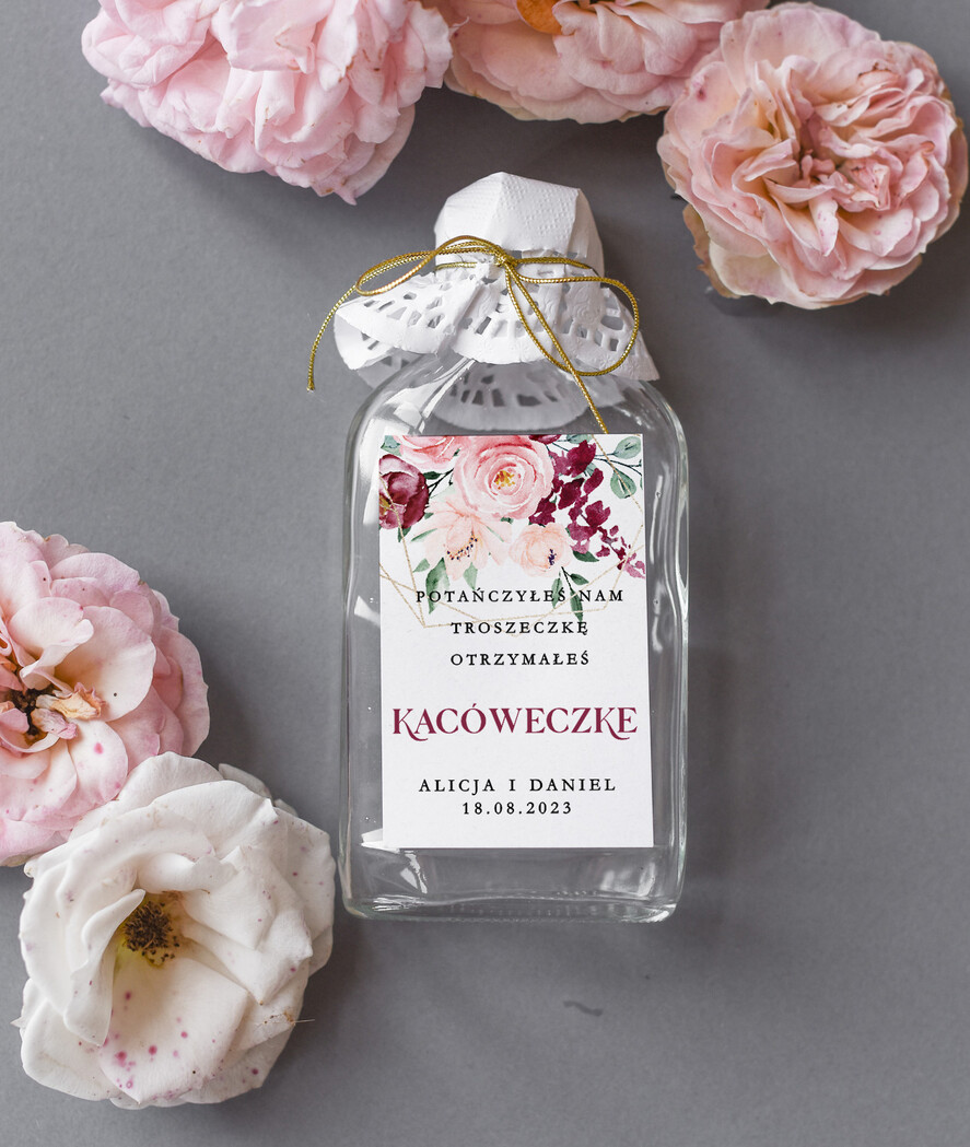 Podziękowania dla Gości Weselnych Butelki podziękowanie dla gości weselnych, piersiówki do własnego wypełnienia, butelki o pojemności 100 ml na własny trunek 0