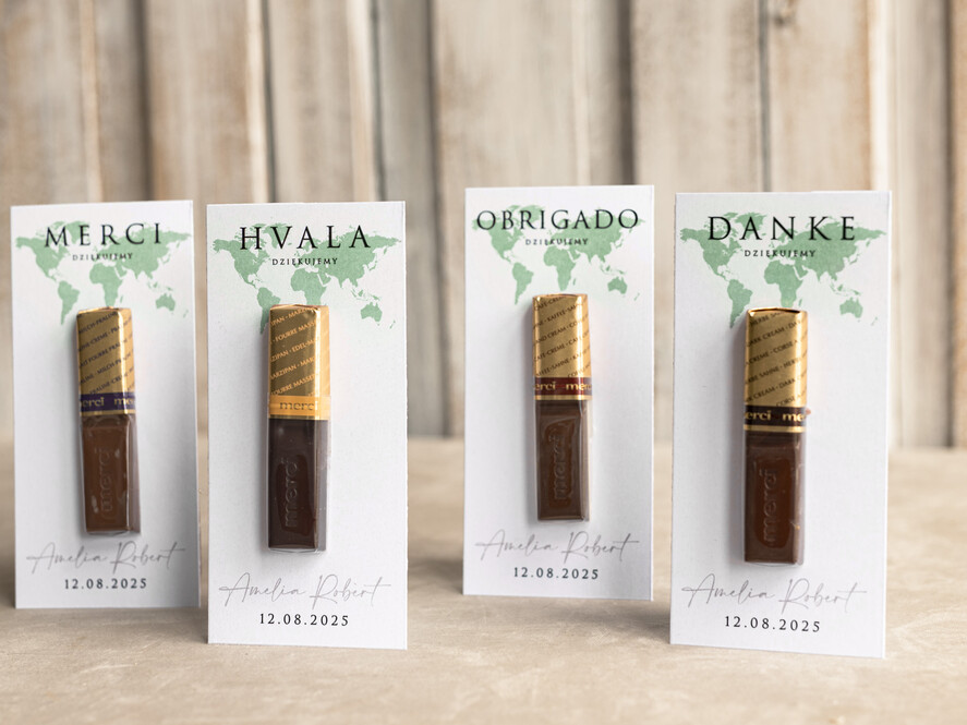 Podziękowania dla Gości Weselnych Czekoladki tematyczne podziękowania dla gości po weselu, czekoladki merci w podziękowaniu dla gości weselnych, podziękowania dla gości z mapą świata0