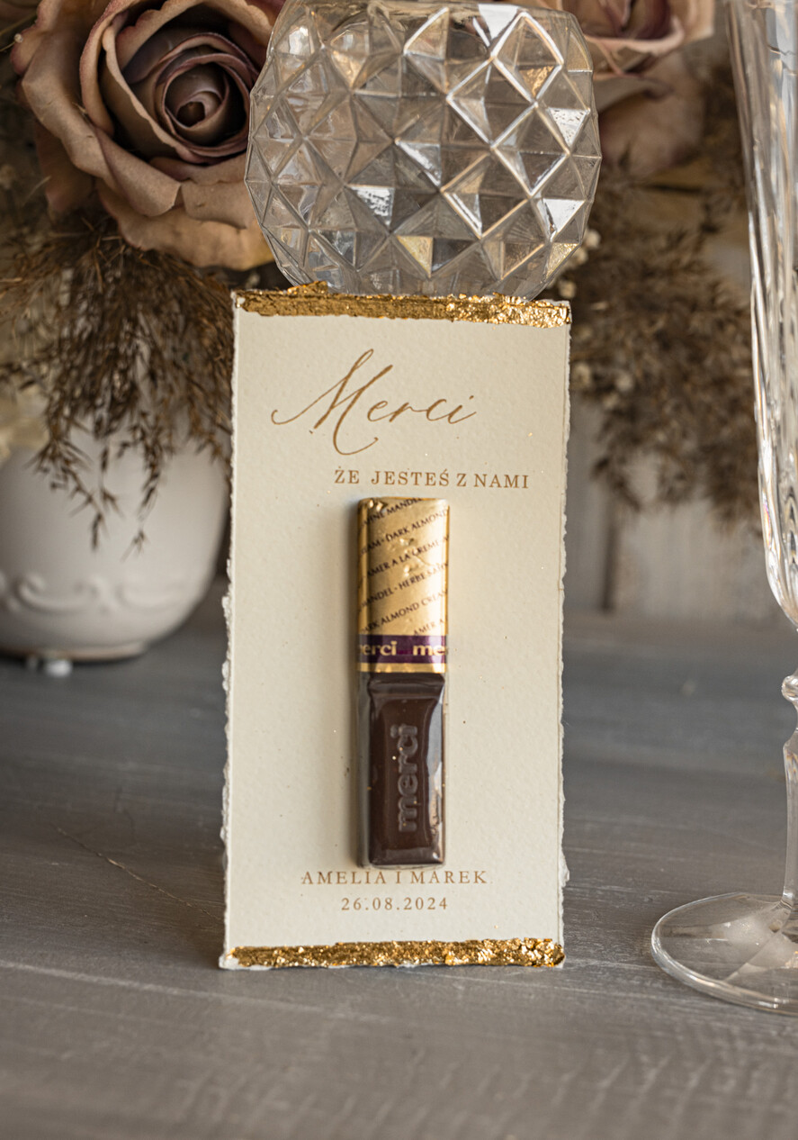 Podziękowania dla Gości Weselnych Czekoladki prezenty dla gości weselnych, czekoladki dla gości weselnych, merci podziękowania dla gości, eleganckie podziękowania dla gości ze złotkiem1