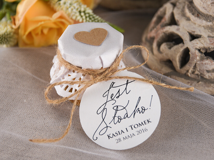 Podziękowania dla Gości Weselnych Miody i słoiczki Nutella ślubne podziękowania dla gości weselnych upominek z unikatowym motywem miód w słoiku  1