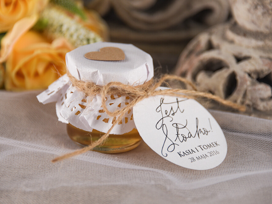 Podziękowania dla Gości Weselnych Miody i słoiczki Nutella ślubne podziękowania dla gości weselnych upominek z unikatowym motywem miód w słoiku  2