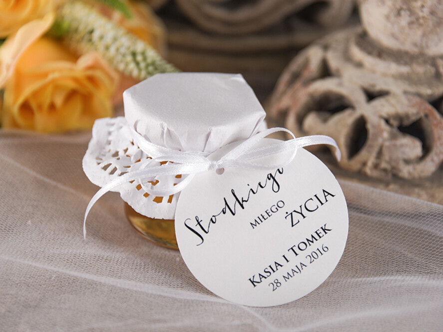 Podziękowania dla Gości Weselnych Miody i słoiczki Nutella ślubne upominki dla gości weselnych słodki upominek sprawiający przyjemność miód w słoiczku  0