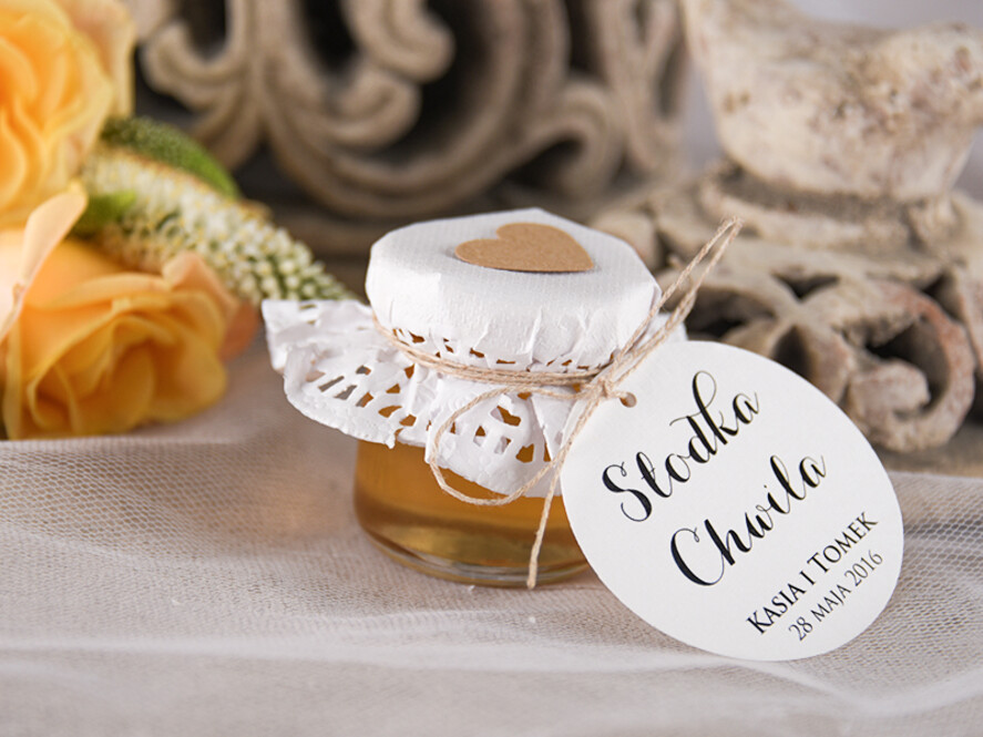 Podziękowania dla Gości Weselnych Miody i słoiczki Nutella prezenty od pary młodej dla gości weselnych spersonalizowane łakocie miodki w słoiczku  4