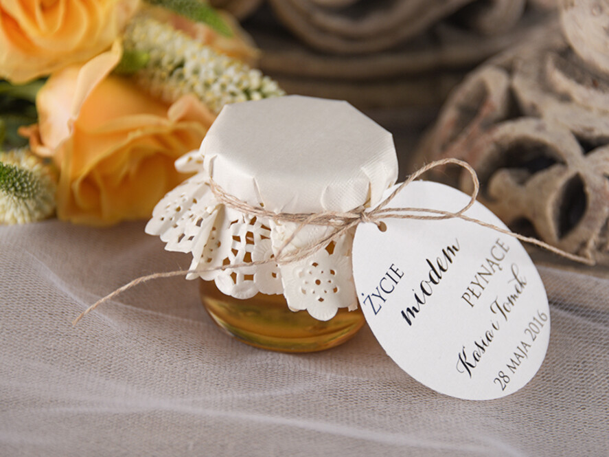 Podziękowania dla Gości Weselnych Miody i słoiczki Nutella unikatowe podziękowania dla gości słodkości od Państwa Młodych słoiczek miodu  2