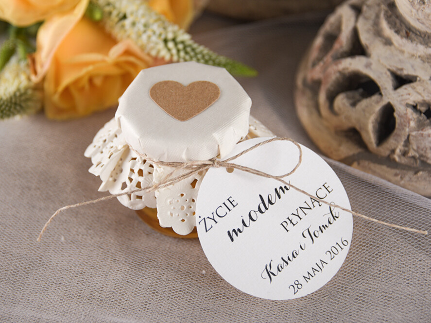 Podziękowania dla Gości Weselnych Miody i słoiczki Nutella upominki podziękowania za przybycie po ślubie słodkości od Państwa Młodych słoiczek miodu  2