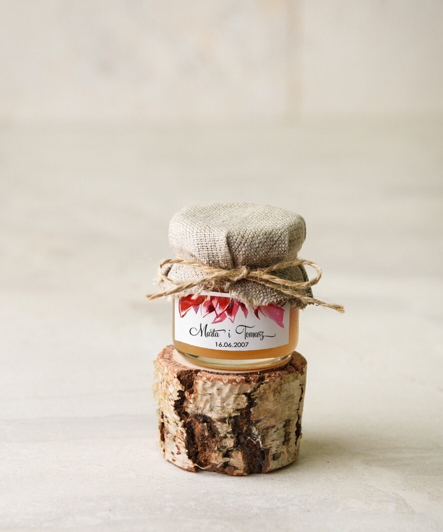 Podziękowania dla Gości Weselnych Miody i słoiczki Nutella podziękowanie za przybycie na uroczystość spersonalizowane łakocie miód pszczeli w słoiczku  0