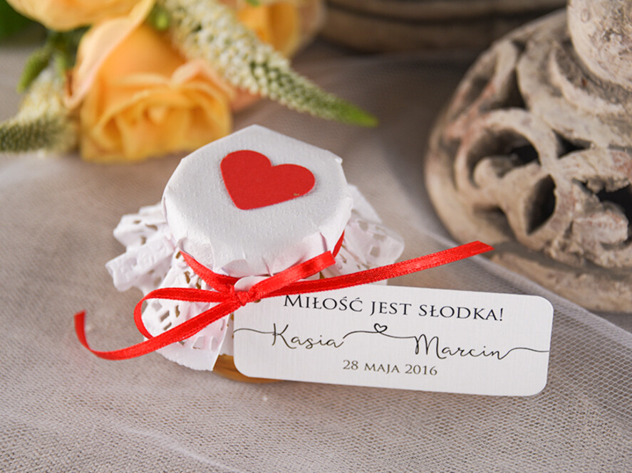 Podziękowania dla Gości Weselnych Miody i słoiczki Nutella podziękowanie za przybycie na uroczystość słodki upominek słoiczek miodu  1