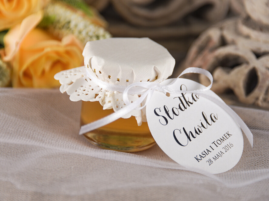 Podziękowania dla Gości Weselnych Miody i słoiczki Nutella prezenciki podarunki po weselu słodki poczęstunek personalizowany miodek  0