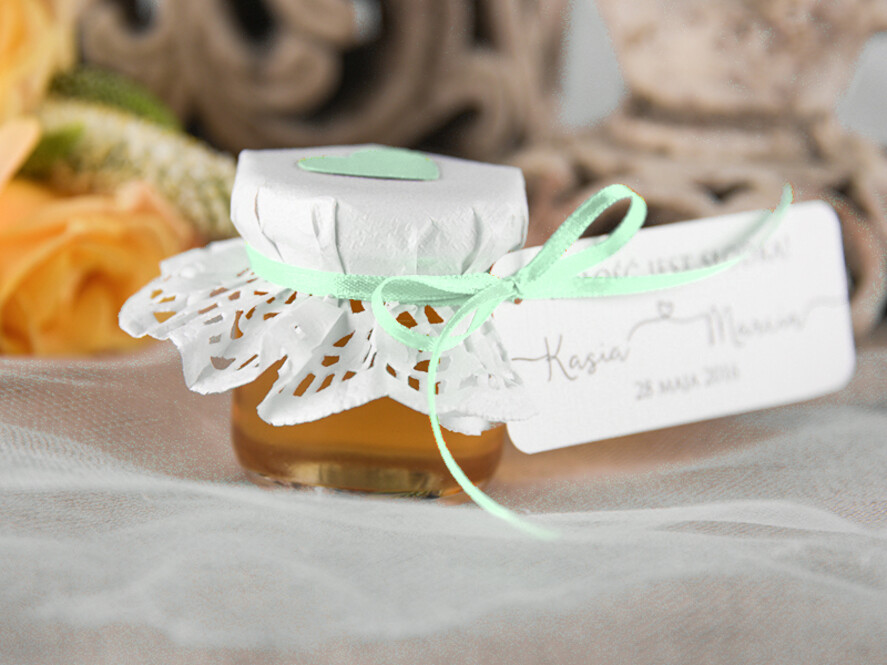 Podziękowania dla Gości Weselnych Miody i słoiczki Nutella upominki ślubne od pary młodej dla gości weselnych słodkości od Państwa Młodych miód w słoiczku  3