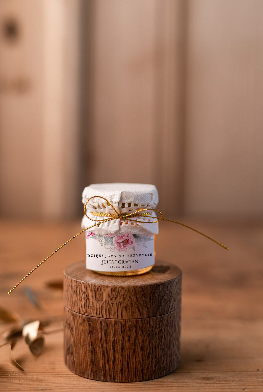 Podziękowania dla Gości Weselnych Miody i słoiczki Nutella prezenty od pary młodej dla gości weselnych słodkie przyjemności z personalizacją miód w słoiczku  0