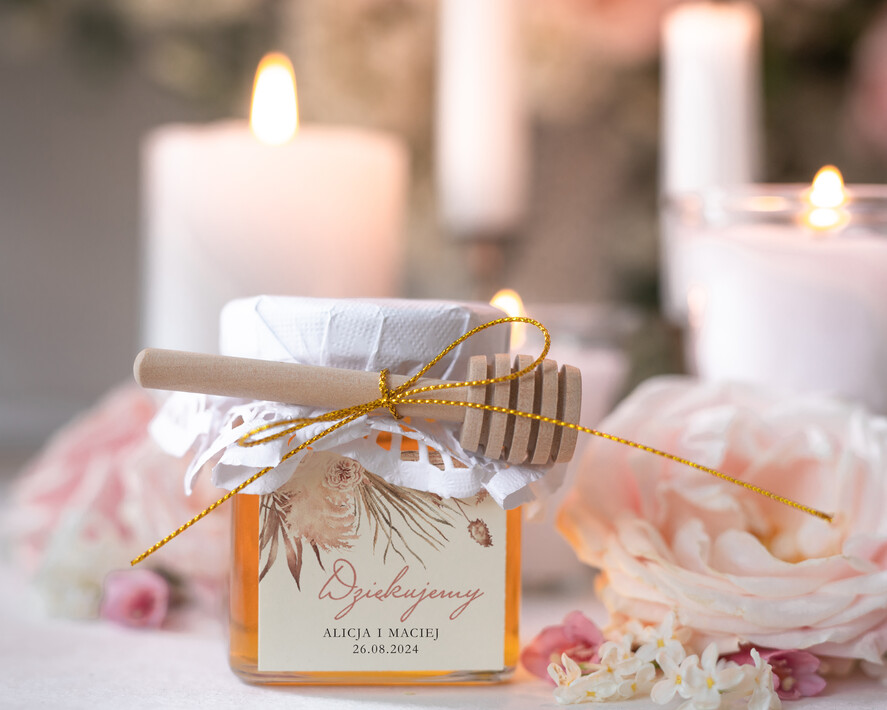 Podziękowania dla Gości Weselnych Miody i słoiczki Nutella ślubne upominki dla gości, miodki w słoiczku z drewnianą łyżeczką, pomysł na prezenty dla gości weselnych 0