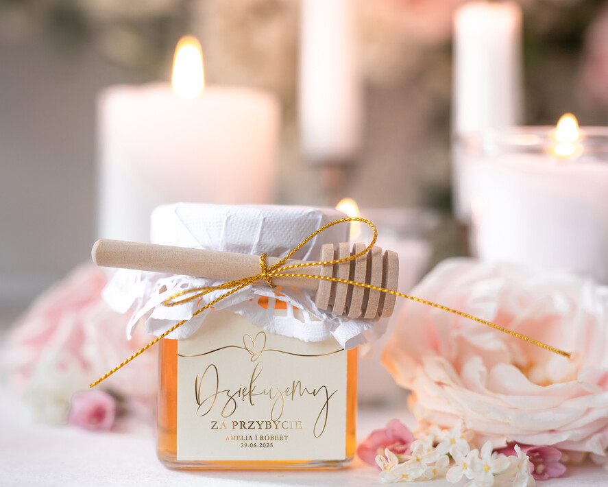 Podziękowania dla Gości Weselnych Miody i słoiczki Nutella piękne podziękowania, słoiczek na miód z łyżeczką, prezenciki dla gości weselnych, upominki dla gości 0