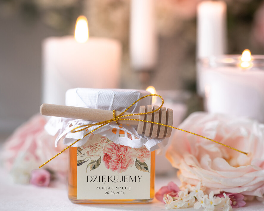 Podziękowania dla Gości Weselnych Miody i słoiczki Nutella prezenty ślubne dla gości weselnych, miodziki w słoiczku z łyżeczką, pomysł na prezent dla gości  0