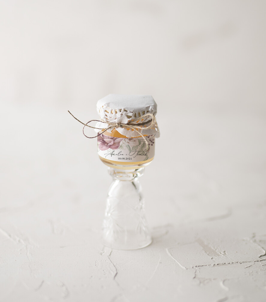 Podziękowania dla Gości Weselnych Miody i słoiczki Nutella upominki podziękowania za przybycie po ślubie upominek z unikatowym motywem miód w słoiku  0