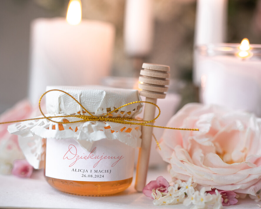 Podziękowania dla Gości Weselnych Miody i słoiczki Nutella oryginalne podziękowania dla gości weselnych, male sloiczki z miodem, pomysł na prezent dla Gości 0