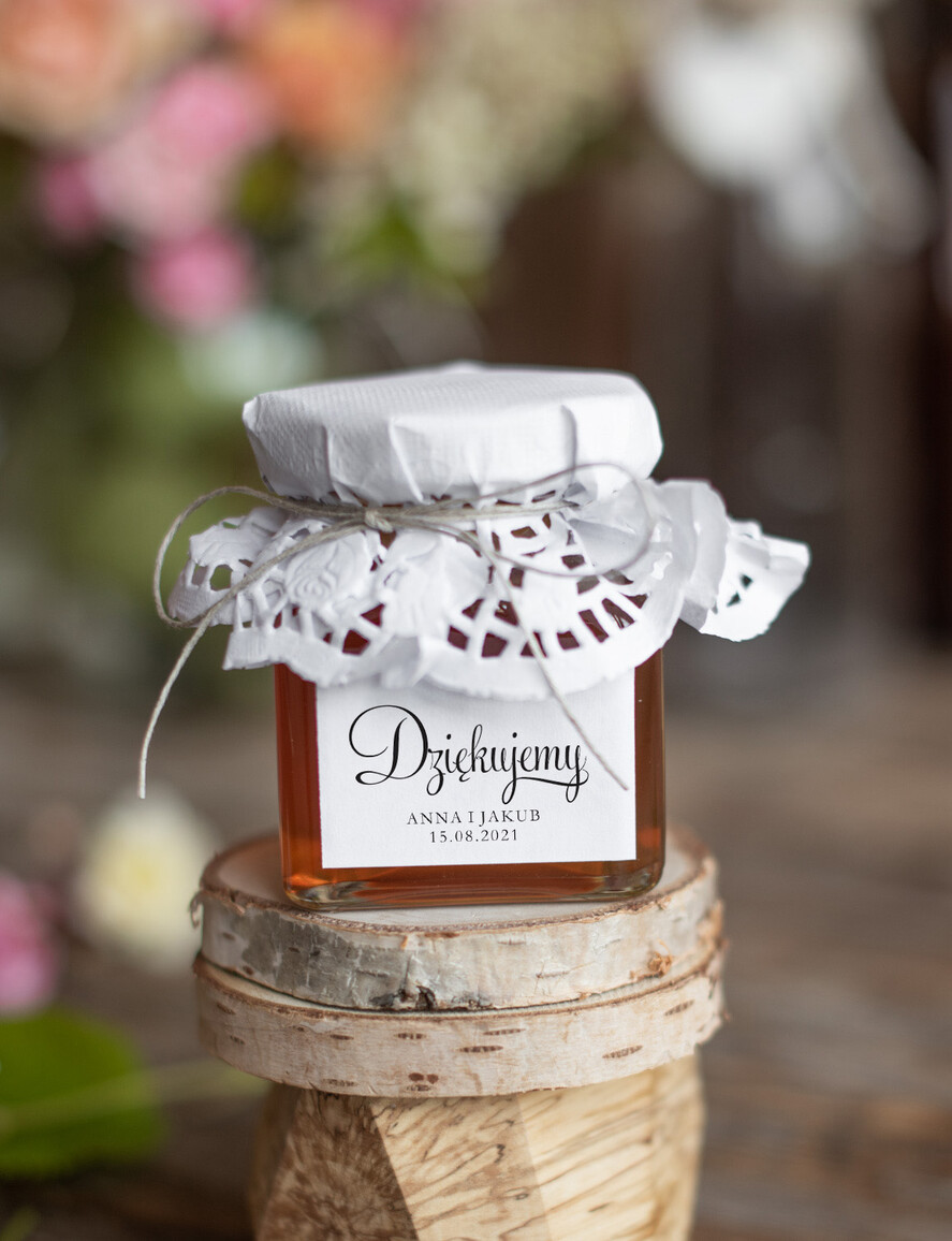 Podziękowania dla Gości Weselnych Miody i słoiczki Nutella podziękowania prezenciki dla gości weselnych miodek w ozdobnym słoiczku 0