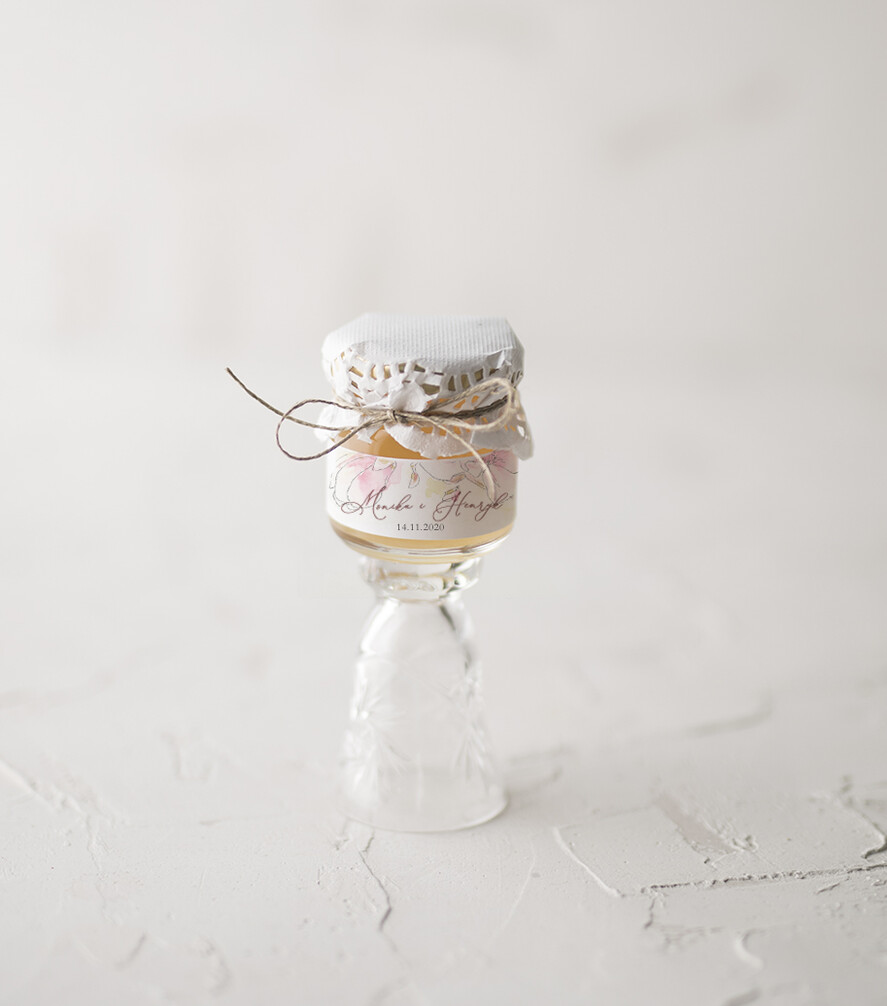 Podziękowania dla Gości Weselnych Miody i słoiczki Nutella ślubne podziękowania gościom upominek z unikatowym motywem miodki w słoiczku  0