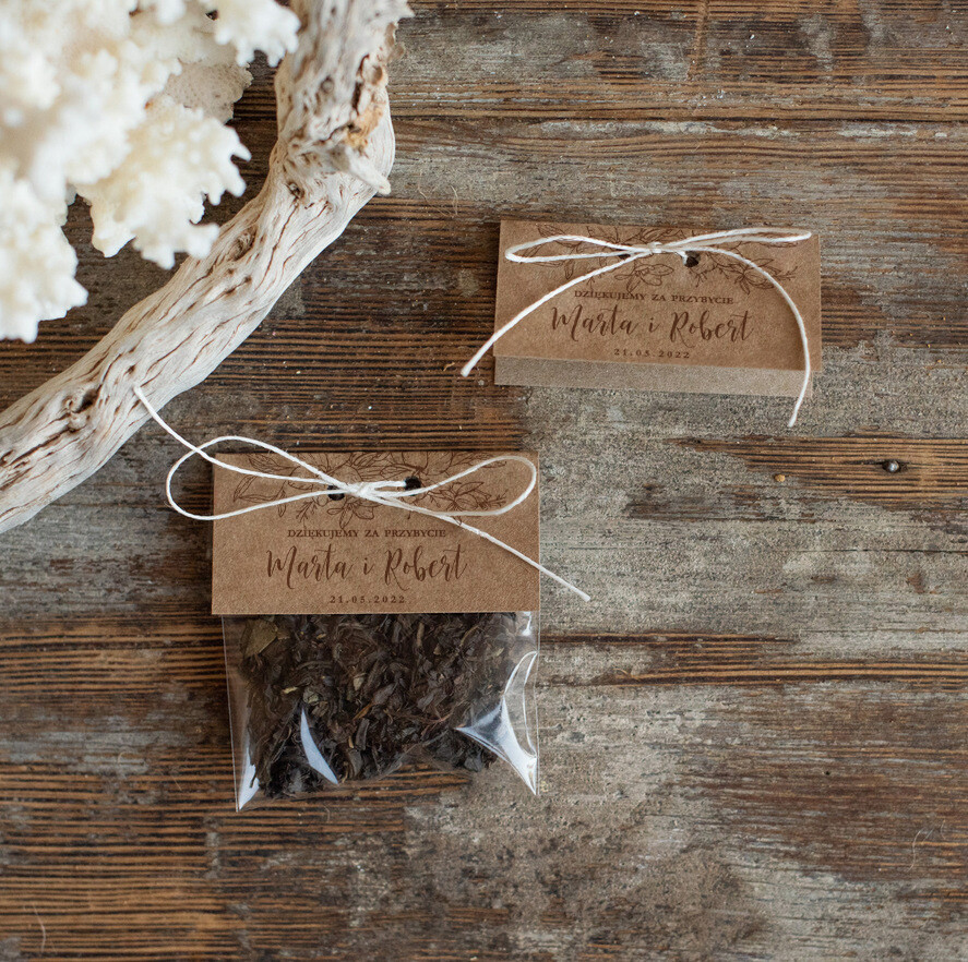 Podziękowania dla Gości Weselnych Saszetki upominki dla gości weselnych  herbata personalizowana    0