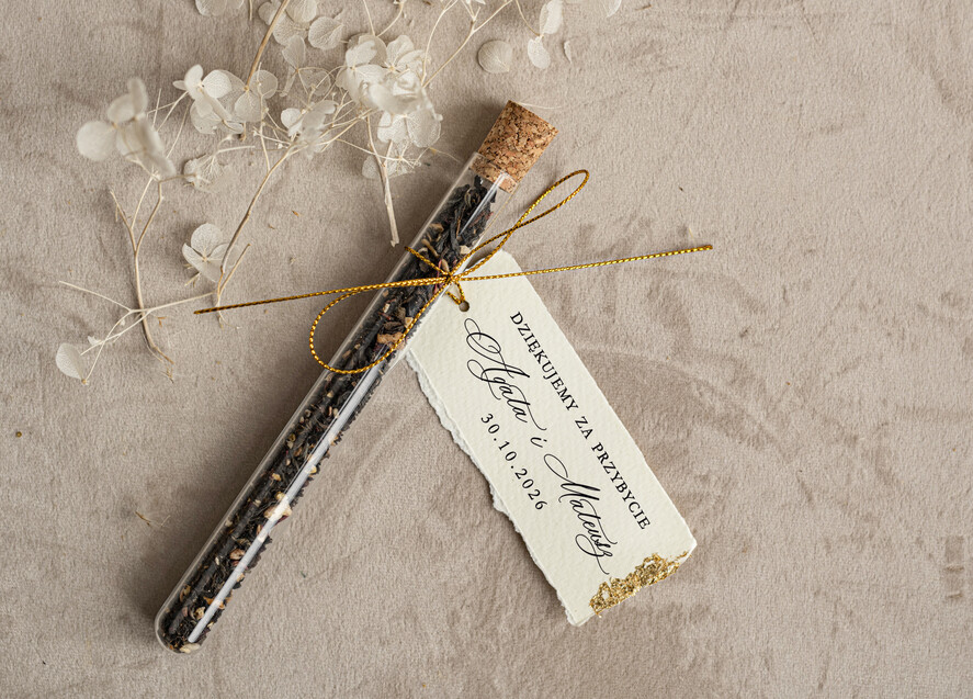 Podziękowania dla Gości Weselnych Fiolki podziękowania dla gości zdobione złotem, podziękowania dla gości po weselu, piękne podziękowania dla gości herbata, szklana fiolka z herbatką0