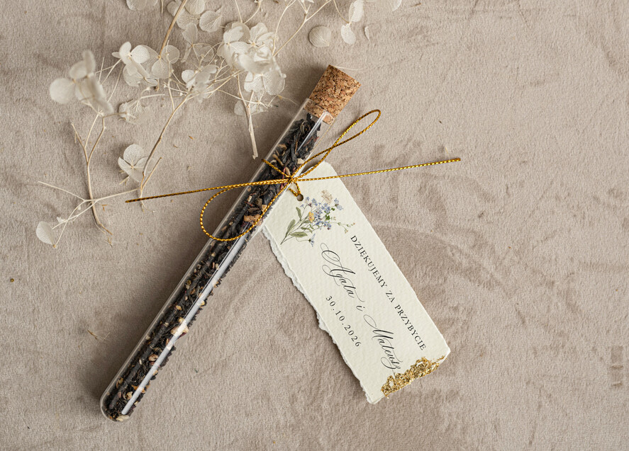 Podziękowania dla Gości Weselnych Fiolki podziękowania dla gości zdobione złotem, podziękowania dla gości po weselu, piękne podziękowania dla gości herbata, szklana fiolka z herbatką0