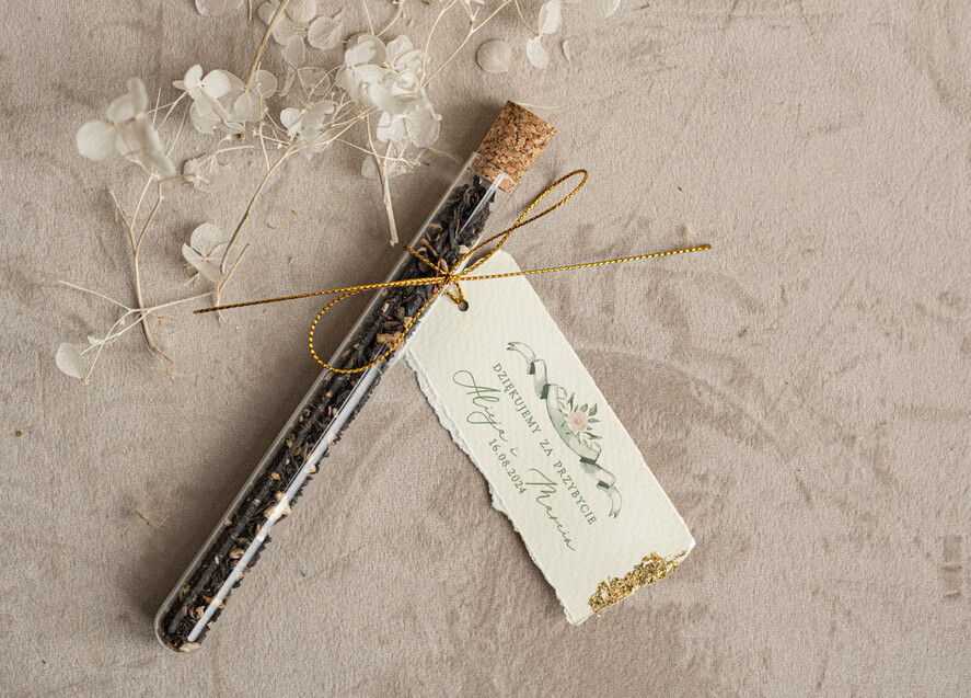 Podziękowania dla Gości Weselnych Fiolki podziękowania dla gości zdobione złotem, podziękowania dla gości po weselu, piękne podziękowania dla gości herbata, szklana fiolka z herbatką0