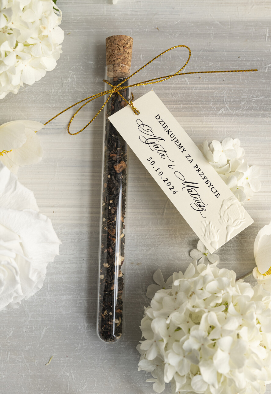 Podziękowania dla Gości Weselnych Fiolki podziękowanie dla gości weselnych, piękne podziękowania dla gości fiolka z herbata, szklana fiolka z herbatką lub kawą, tłoczone liście na karteczce0