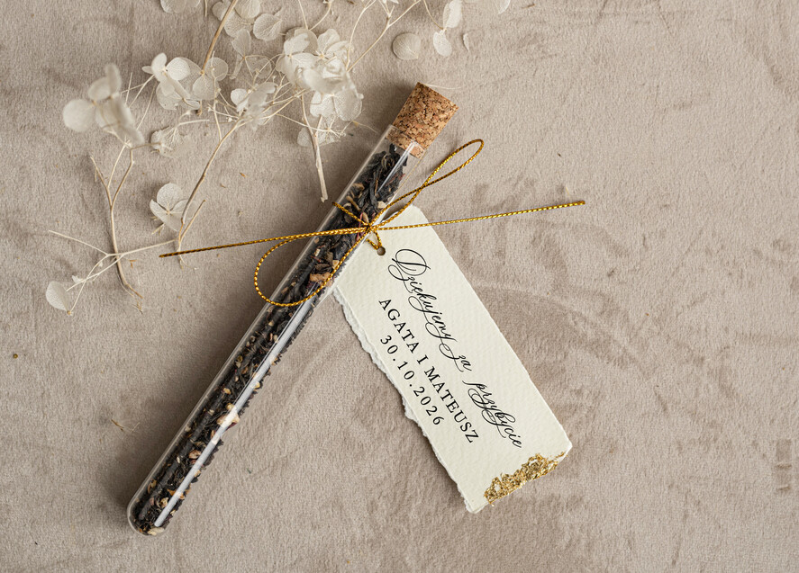 Podziękowania dla Gości Weselnych Fiolki podziękowania dla gości zdobione złotem, podziękowania dla gości po weselu, piękne podziękowania dla gości herbata, szklana fiolka z herbatką0