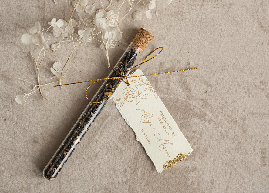 Podziękowania dla Gości Weselnych Fiolki podziękowania dla gości zdobione złotem, podziękowania dla gości po weselu, piękne podziękowania dla gości herbata, szklana fiolka z herbatką0