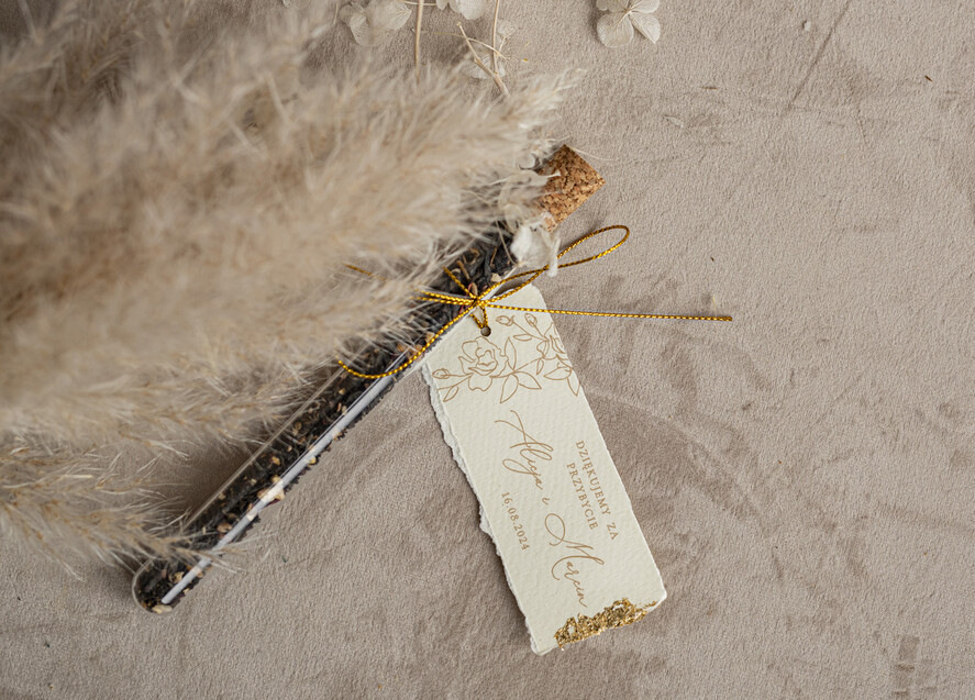 Podziękowania dla Gości Weselnych Fiolki podziękowania dla gości zdobione złotem, podziękowania dla gości po weselu, piękne podziękowania dla gości herbata, szklana fiolka z herbatką1