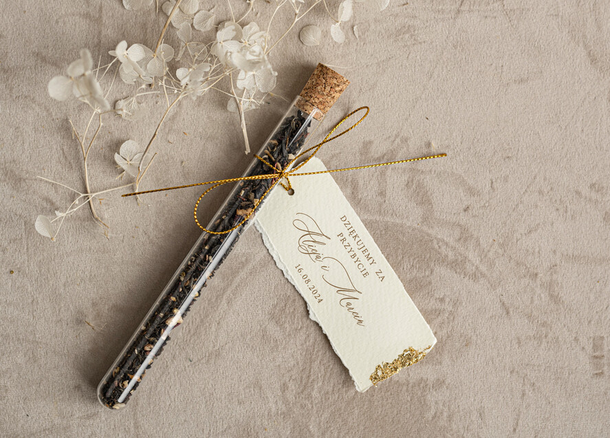 Podziękowania dla Gości Weselnych Fiolki podziękowania dla gości zdobione złotem, podziękowania dla gości po weselu, piękne podziękowania dla gości herbata, szklana fiolka z herbatką0