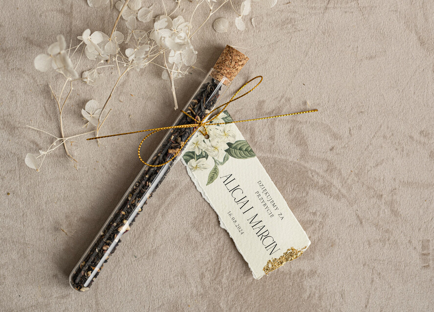 Podziękowania dla Gości Weselnych Fiolki złote podziękowania dla gości, podziękowania dla gości po weselu, piękne podziękowania dla gości herbata, szklana fiolka z herbatką0