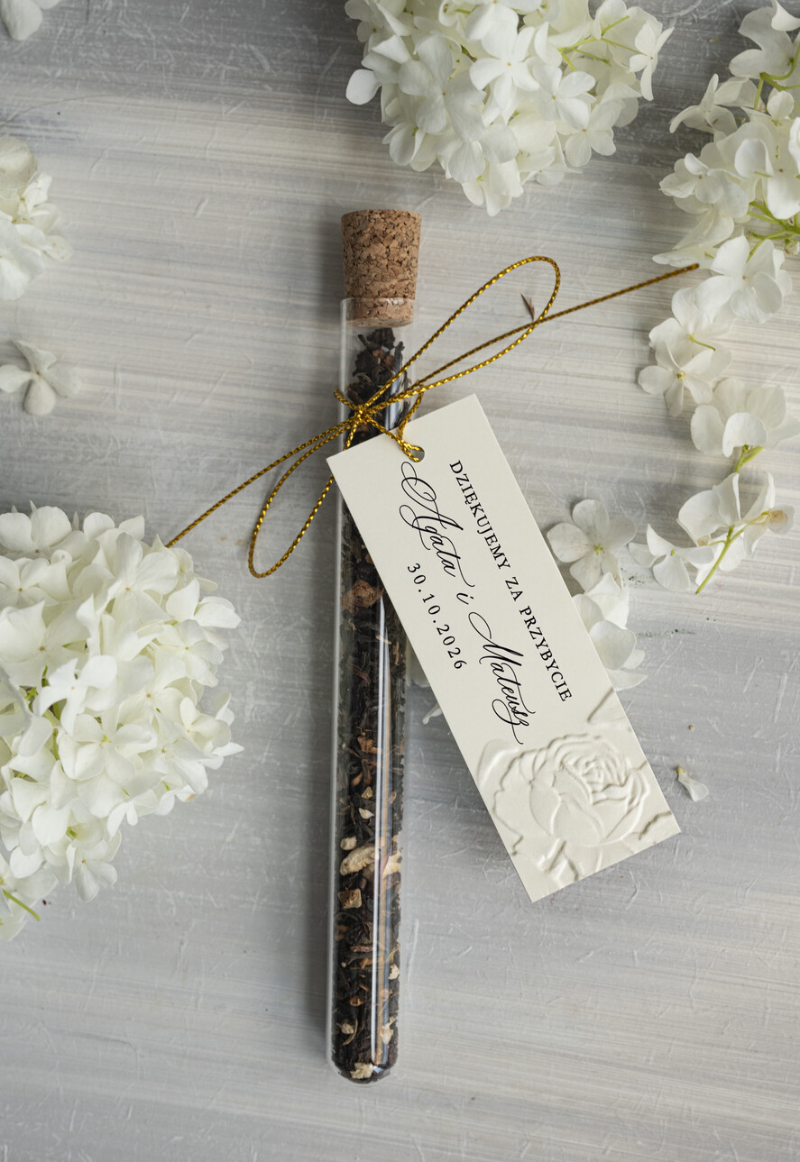 Podziękowania dla Gości Weselnych Fiolki złote podziękowanie dla gości weselnych, piękne podziękowania dla gości fiolka z herbata, szklana fiolka z herbatką lub kawą, tłoczone liście na karteczce0