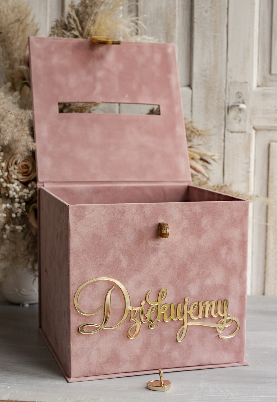 Pudełko na koperty  glamour Szybka wysyłka weselna skrzynka na koperty z życzeniami, welurowa kopertówka dla Młodej Pary, pudełko na koperty ze złotymi napisami6